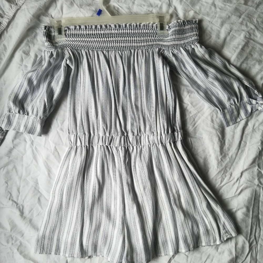 Blue and white off the shoulder romper